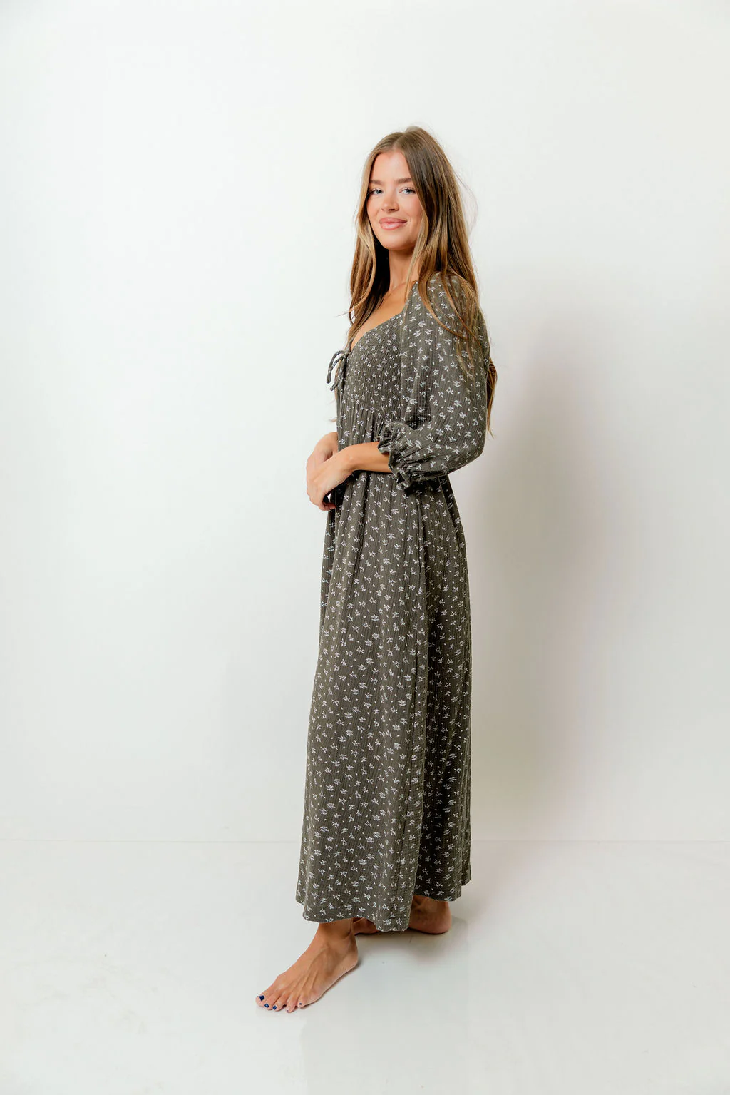 Cecilia 100% Cotton Smocked Maxi Dress in Forest Foliage - Bump Friendly - Image 2