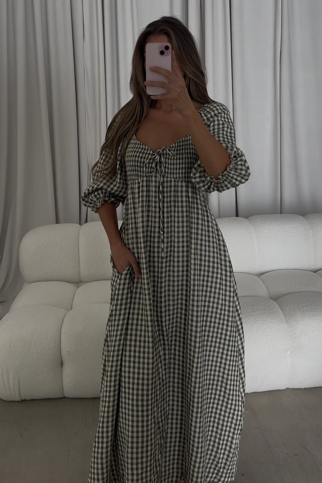 Cecilia 100% Cotton Smocked Maxi Dress in Forest Plaid (Lined) - Bump Friendly - Image 11