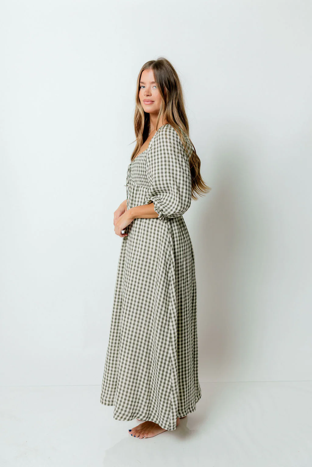 Cecilia 100% Cotton Smocked Maxi Dress in Forest Plaid (Lined) - Bump Friendly - Image 5