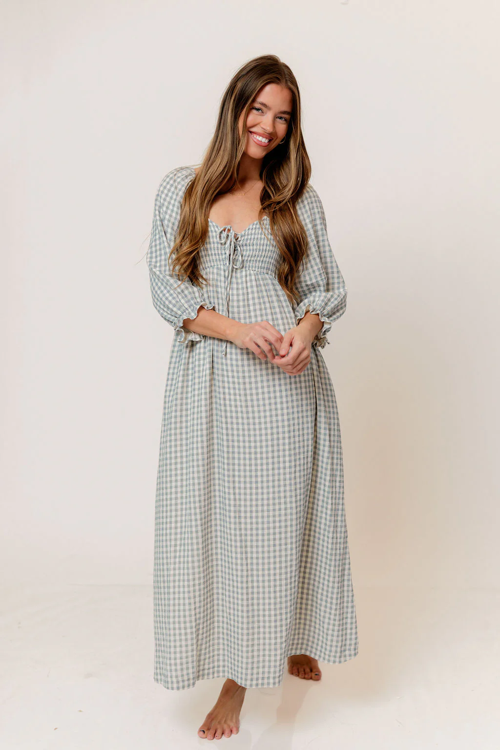 Cecilia 100% Cotton Smocked Maxi Dress in Light Indigo Plaid (Lined) - Bump Friendly