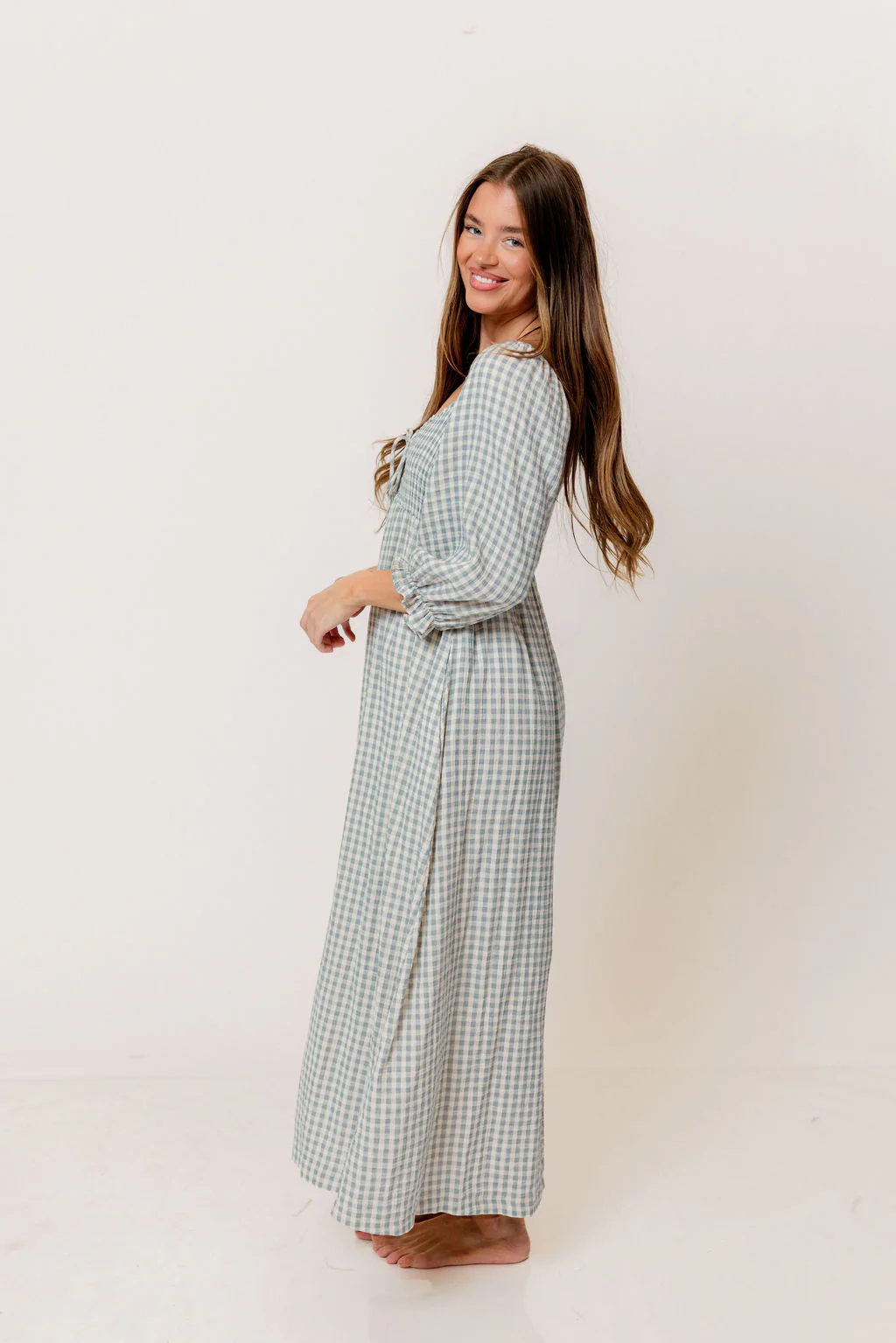 Cecilia 100% Cotton Smocked Maxi Dress in Light Indigo Plaid (Lined) - Bump Friendly - Image 10