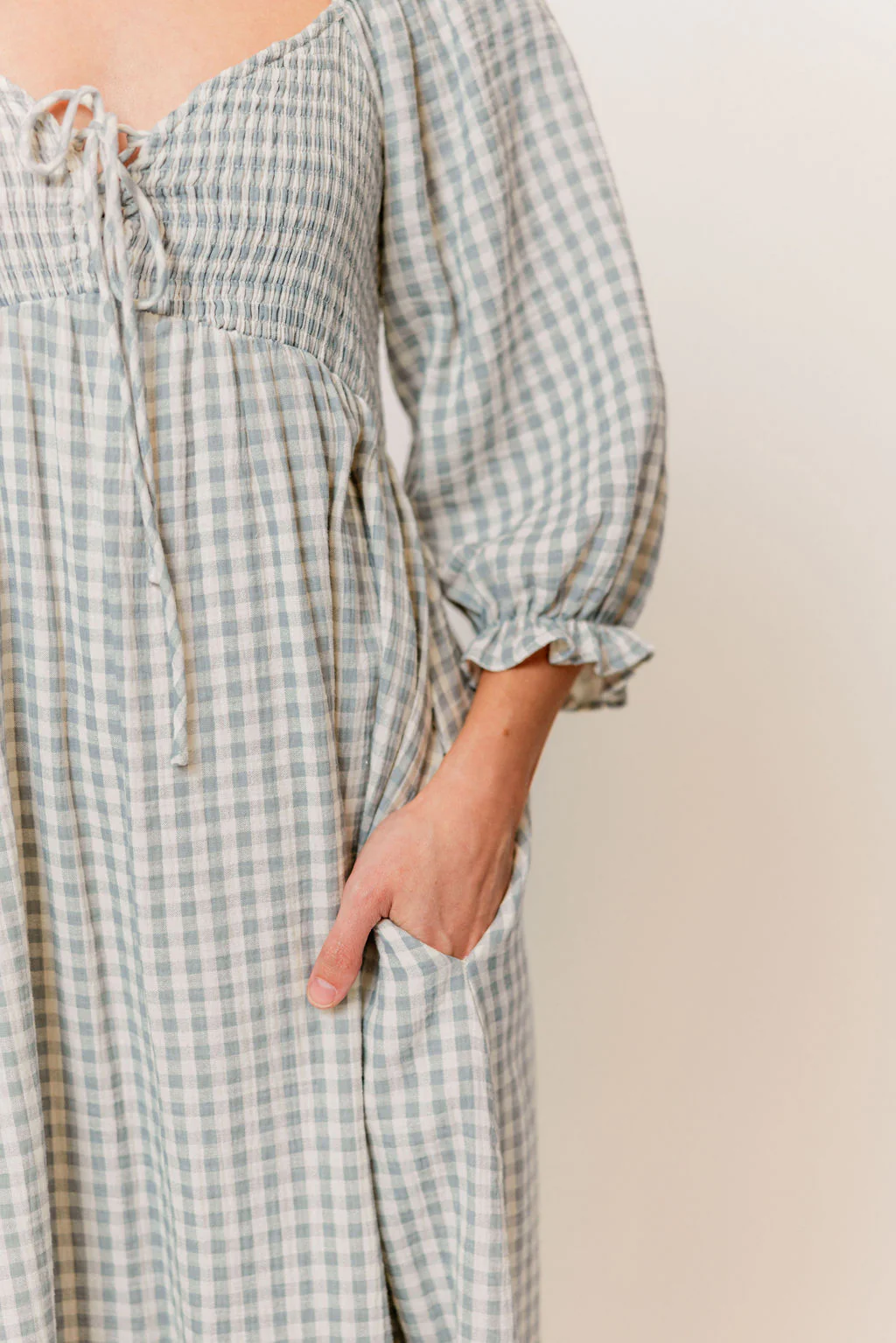 Cecilia 100% Cotton Smocked Maxi Dress in Light Indigo Plaid (Lined) - Bump Friendly - Image 11