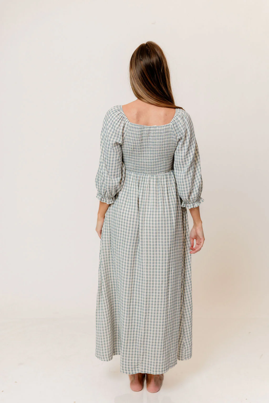 Cecilia 100% Cotton Smocked Maxi Dress in Light Indigo Plaid (Lined) - Bump Friendly - Image 12