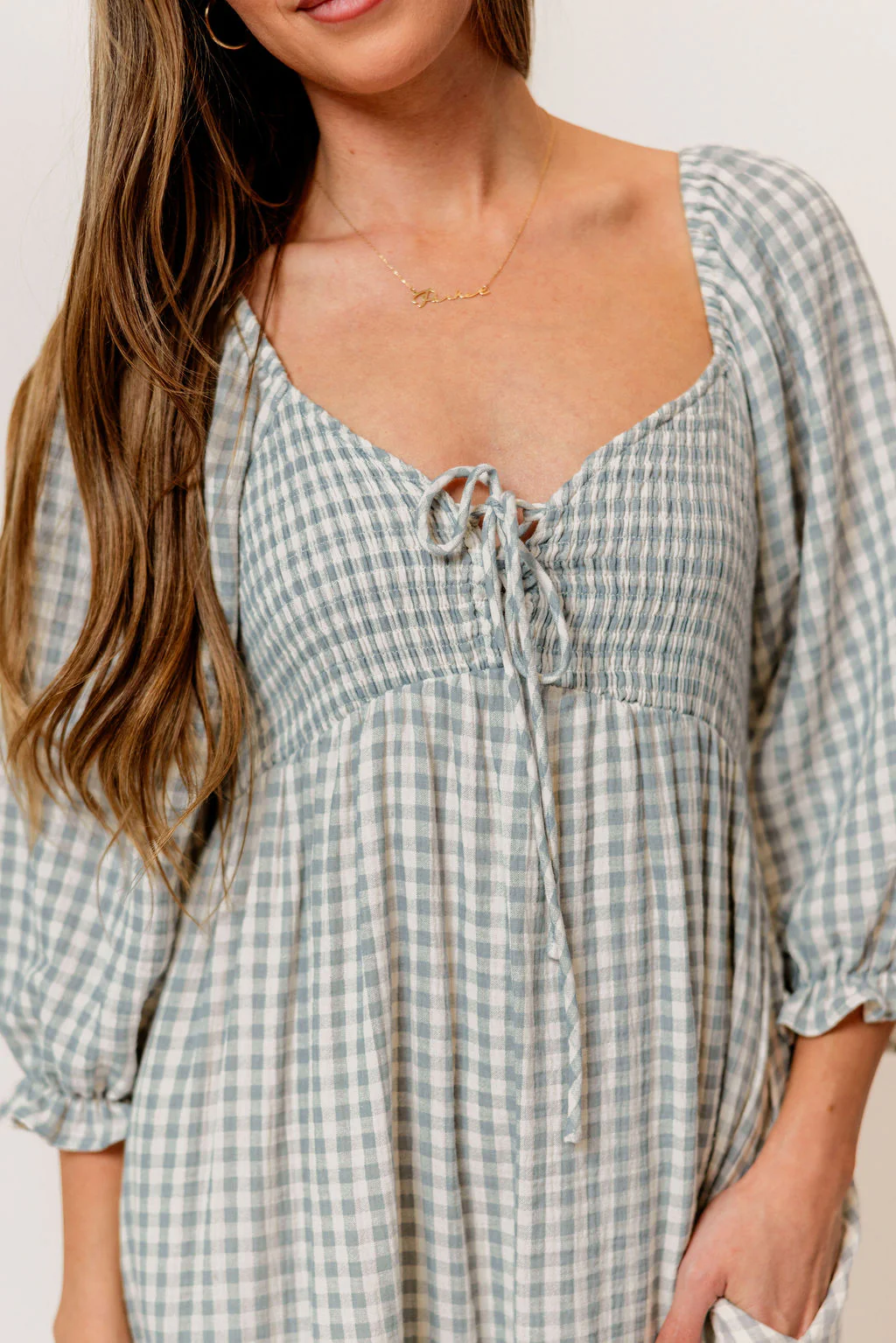 Cecilia 100% Cotton Smocked Maxi Dress in Light Indigo Plaid (Lined) - Bump Friendly - Image 2