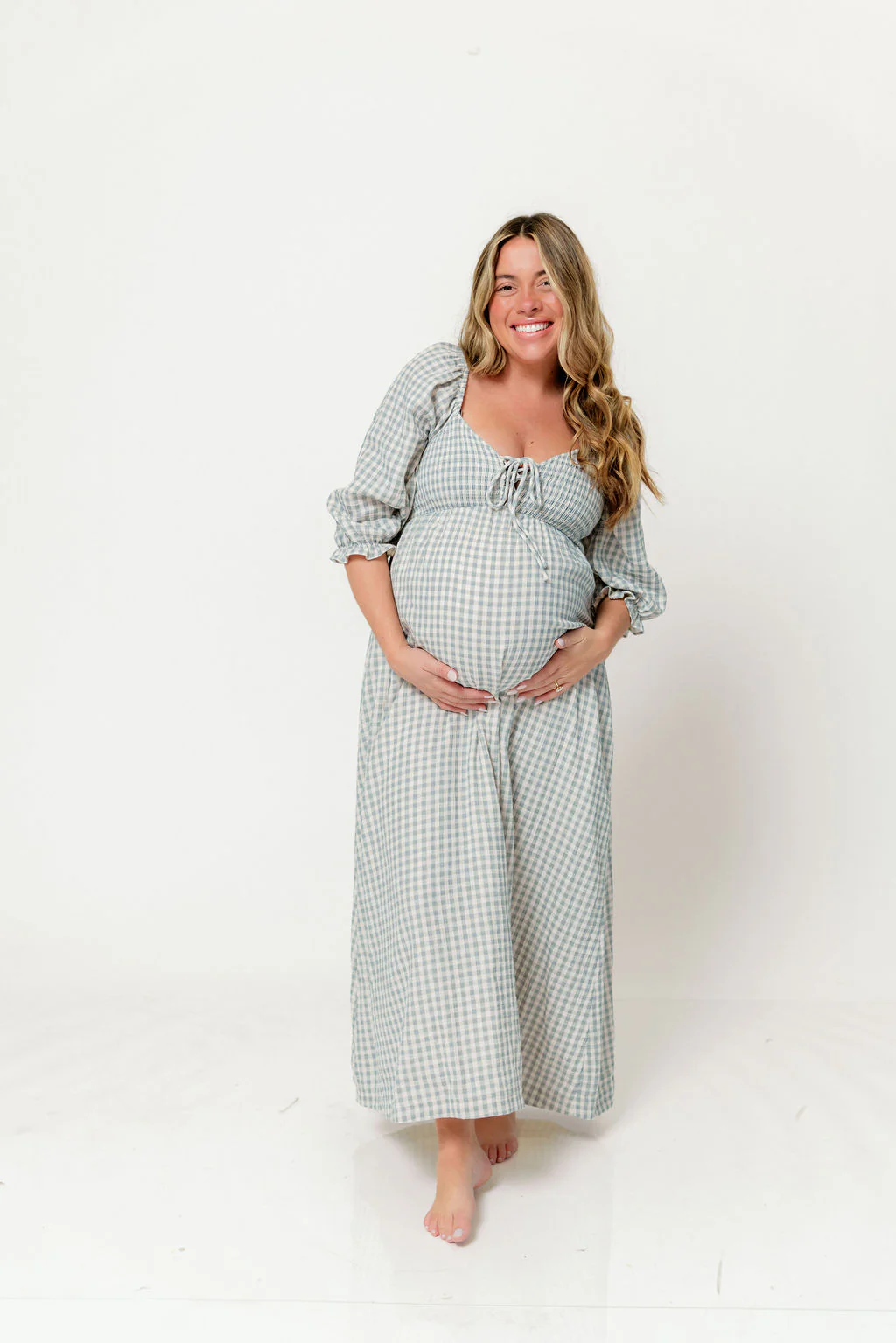 Cecilia 100% Cotton Smocked Maxi Dress in Light Indigo Plaid (Lined) - Bump Friendly - Image 3