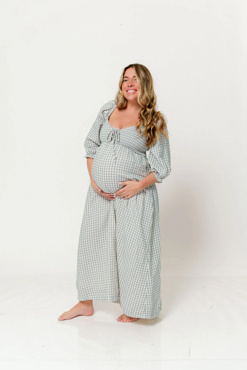 Cecilia 100% Cotton Smocked Maxi Dress in Light Indigo Plaid (Lined) - Bump Friendly - Image 4