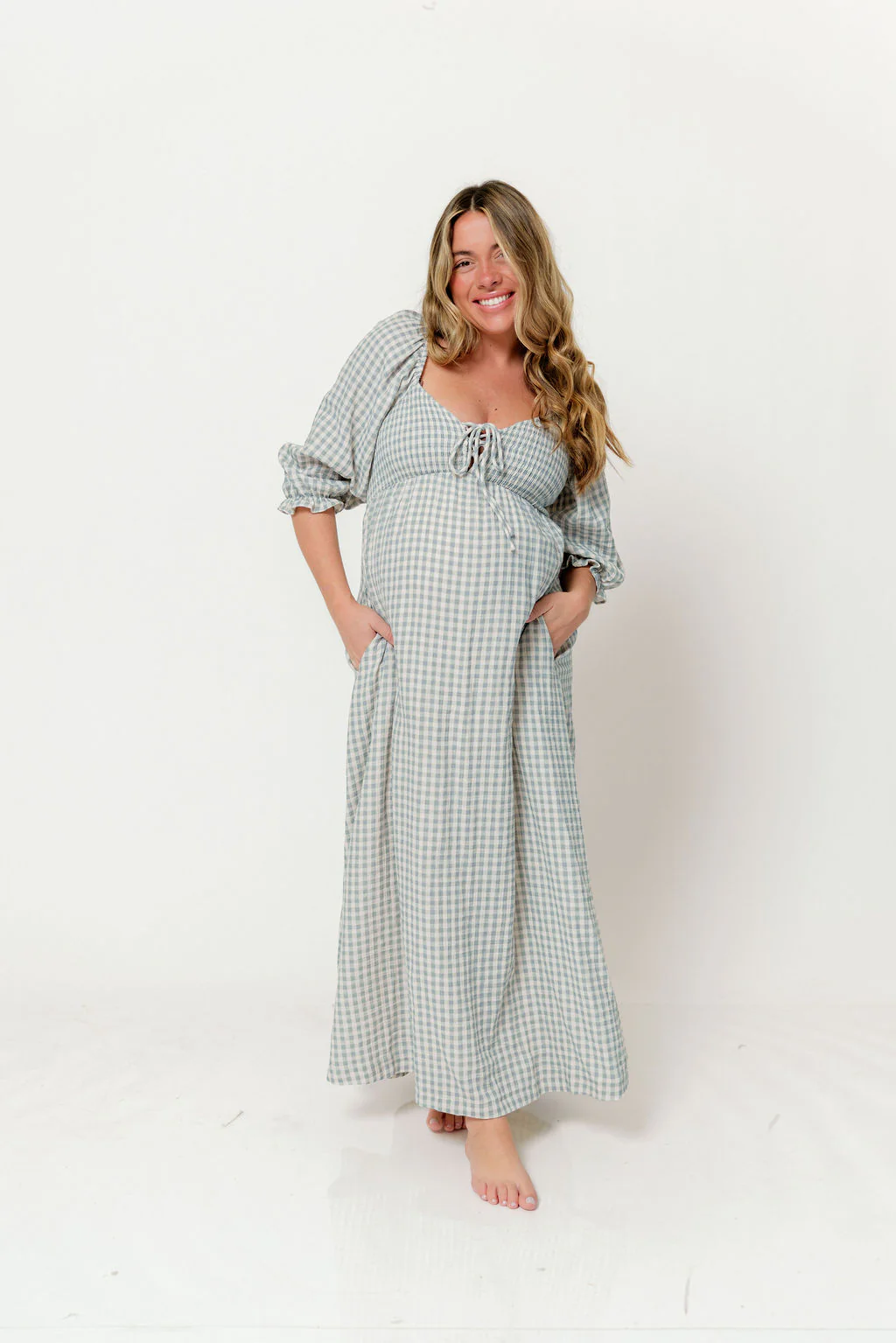 Cecilia 100% Cotton Smocked Maxi Dress in Light Indigo Plaid (Lined) - Bump Friendly - Image 6