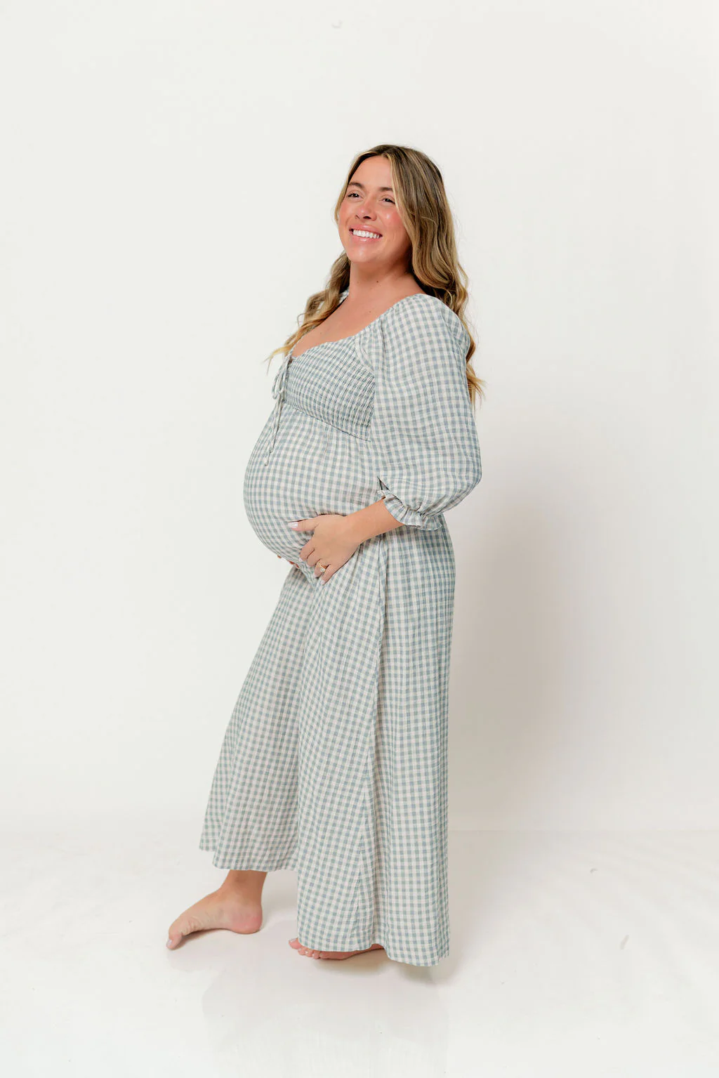 Cecilia 100% Cotton Smocked Maxi Dress in Light Indigo Plaid (Lined) - Bump Friendly - Image 7