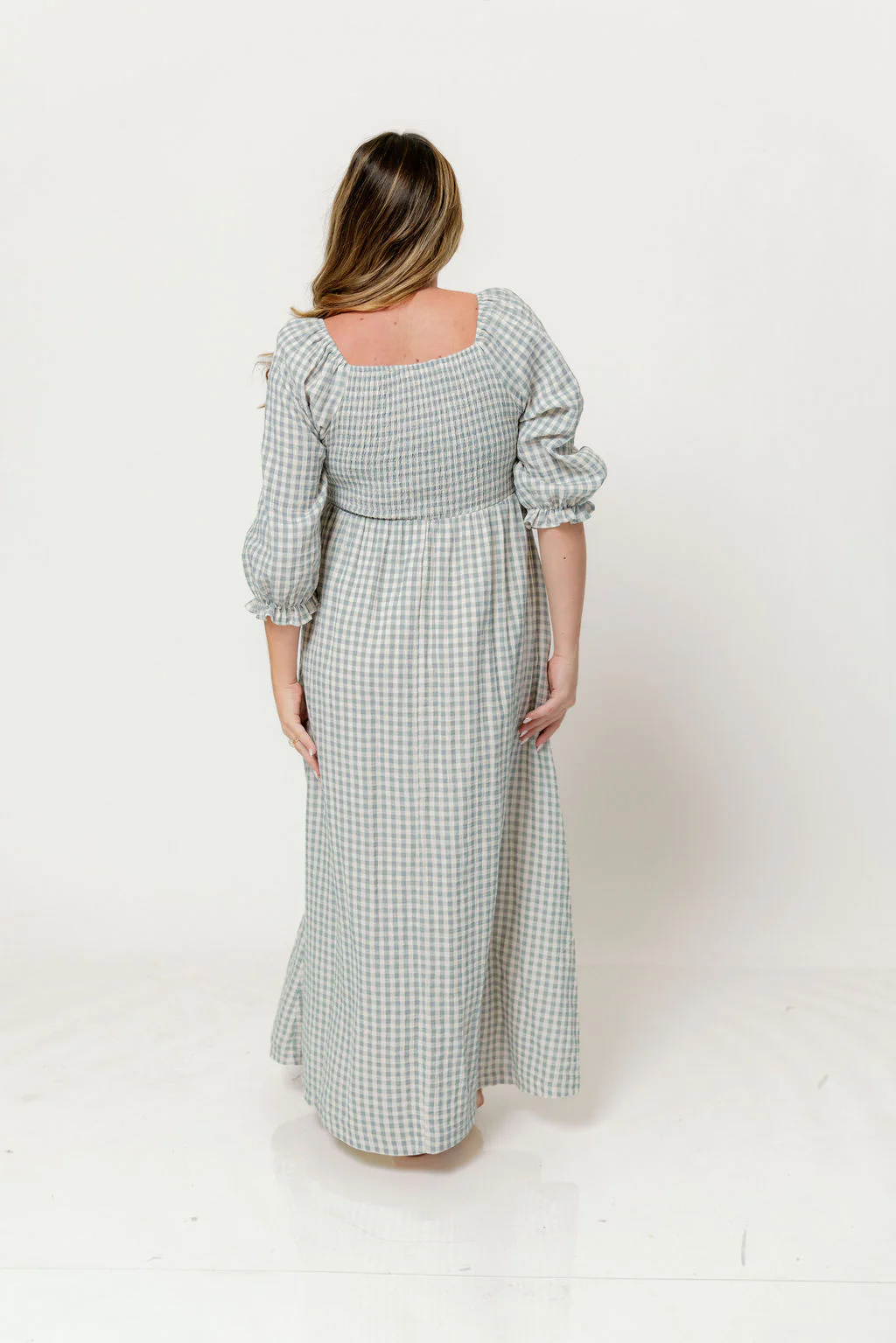 Cecilia 100% Cotton Smocked Maxi Dress in Light Indigo Plaid (Lined) - Bump Friendly - Image 9