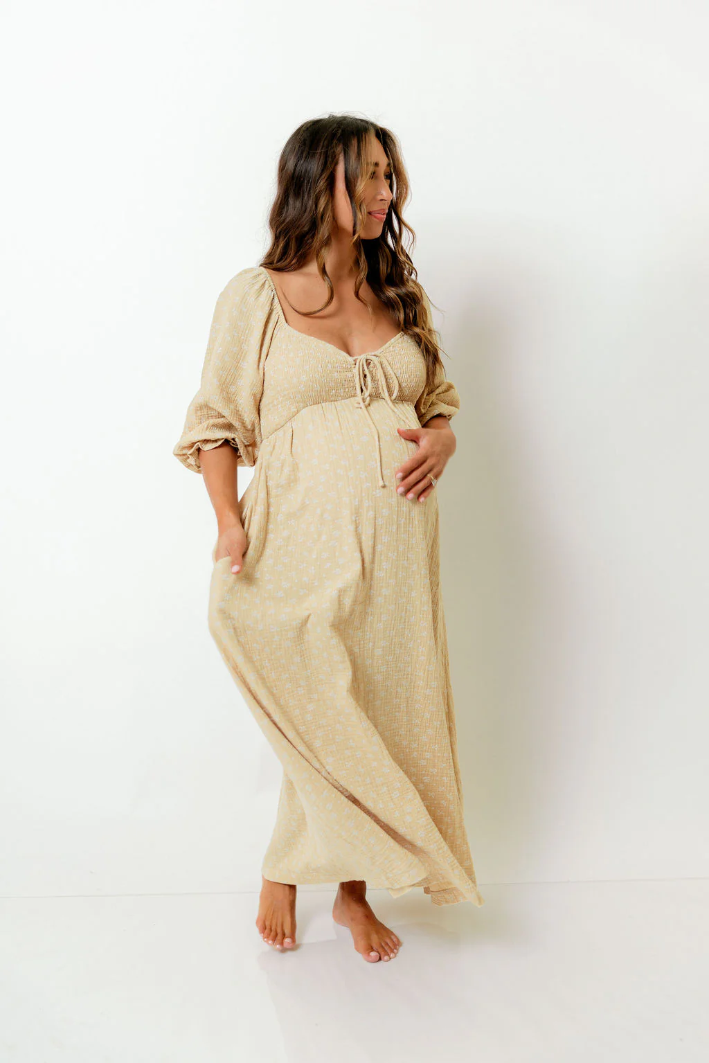 Cecilia 100% Cotton Smocked Maxi Dress in Muted Gold Foliage - Bump Friendly