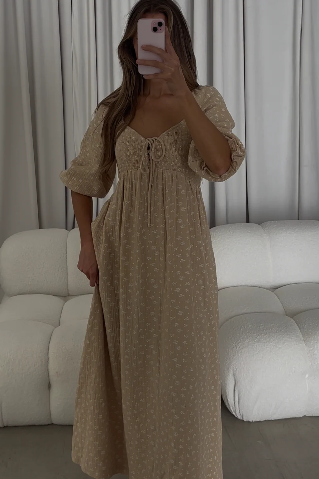 Cecilia 100% Cotton Smocked Maxi Dress in Muted Gold Foliage - Bump Friendly - Image 10