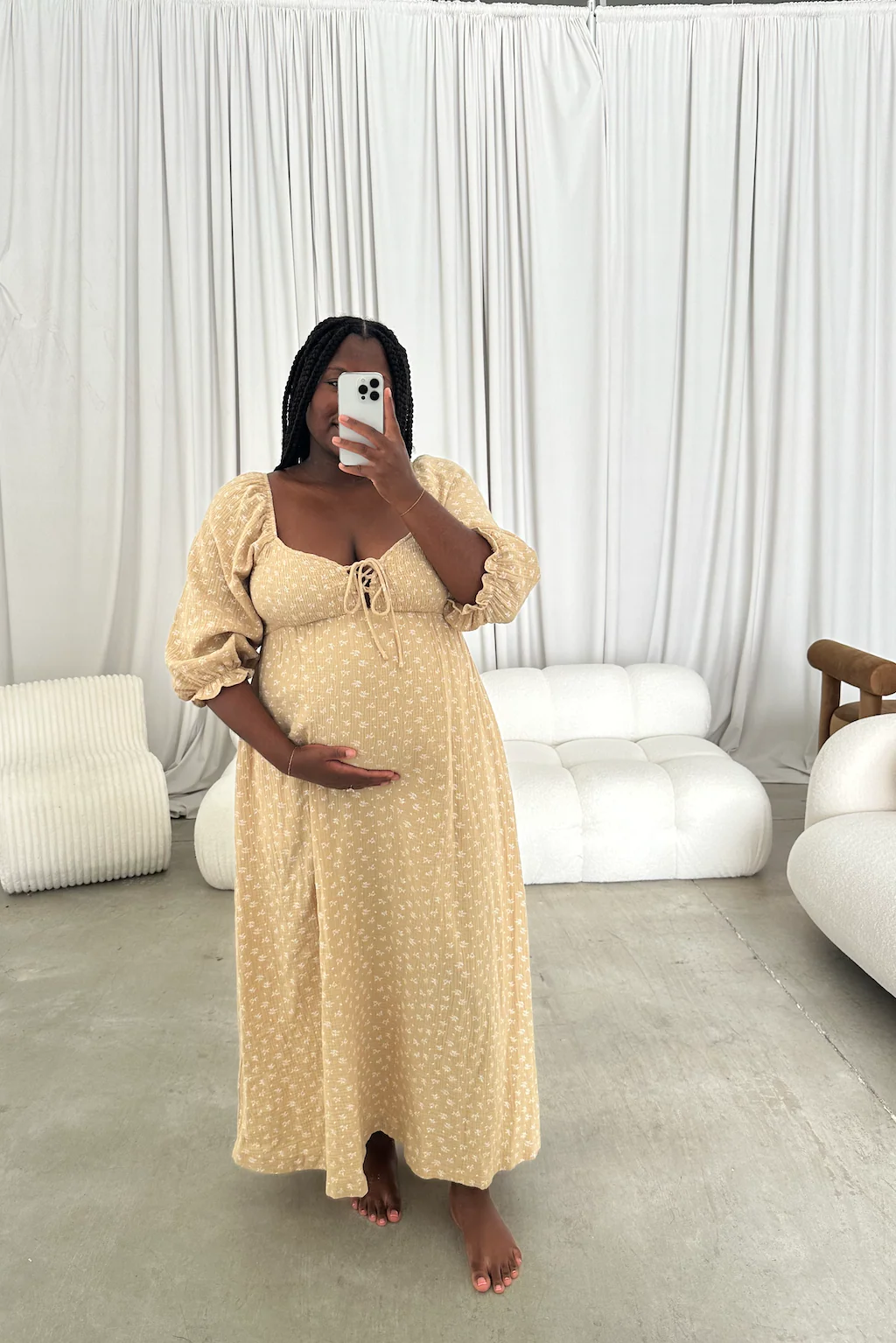 Cecilia 100% Cotton Smocked Maxi Dress in Muted Gold Foliage - Bump Friendly - Image 11