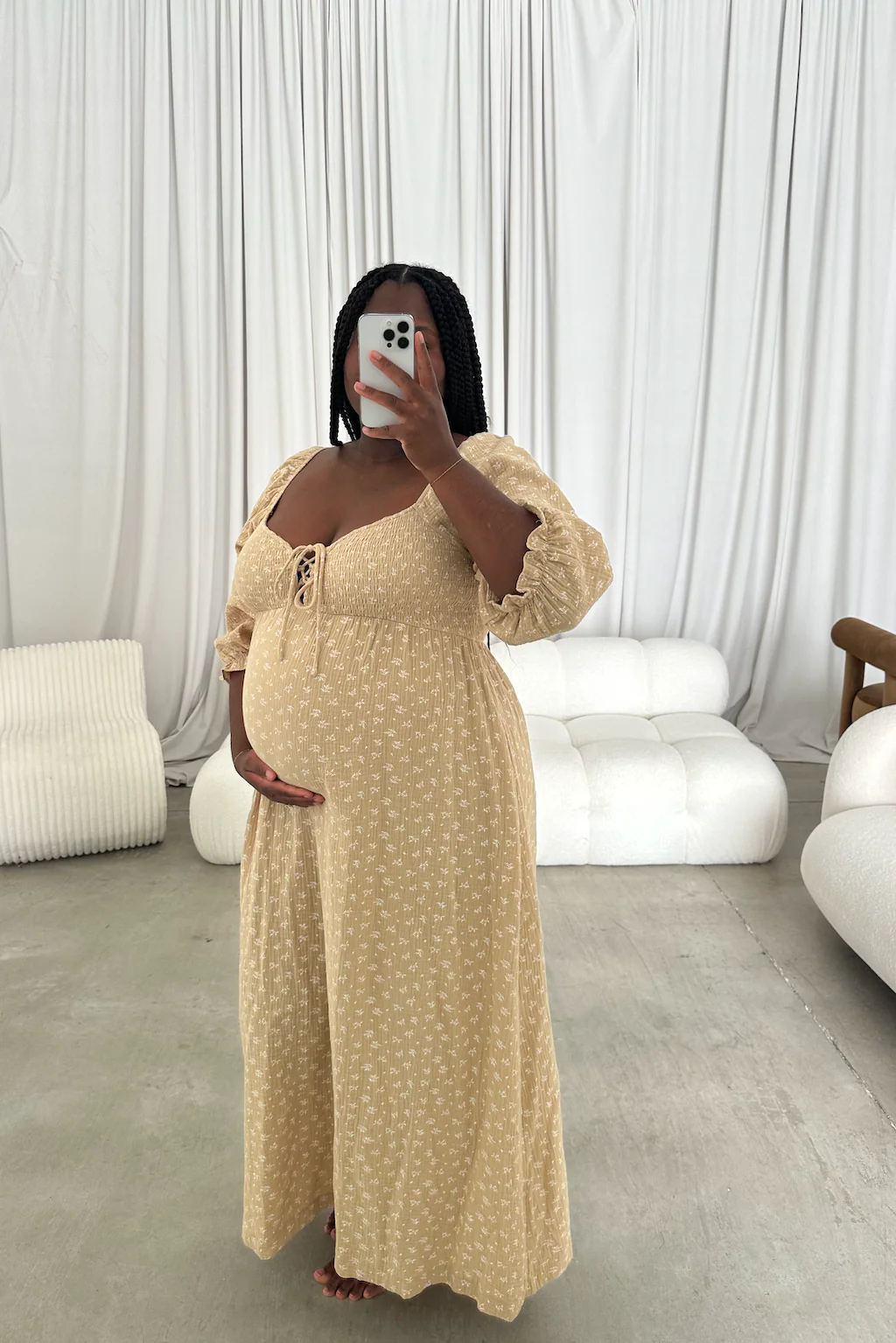 Cecilia 100% Cotton Smocked Maxi Dress in Muted Gold Foliage - Bump Friendly - Image 12