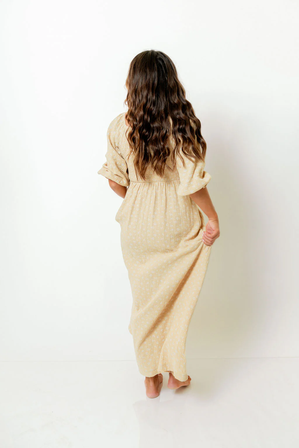 Cecilia 100% Cotton Smocked Maxi Dress in Muted Gold Foliage - Bump Friendly - Image 15