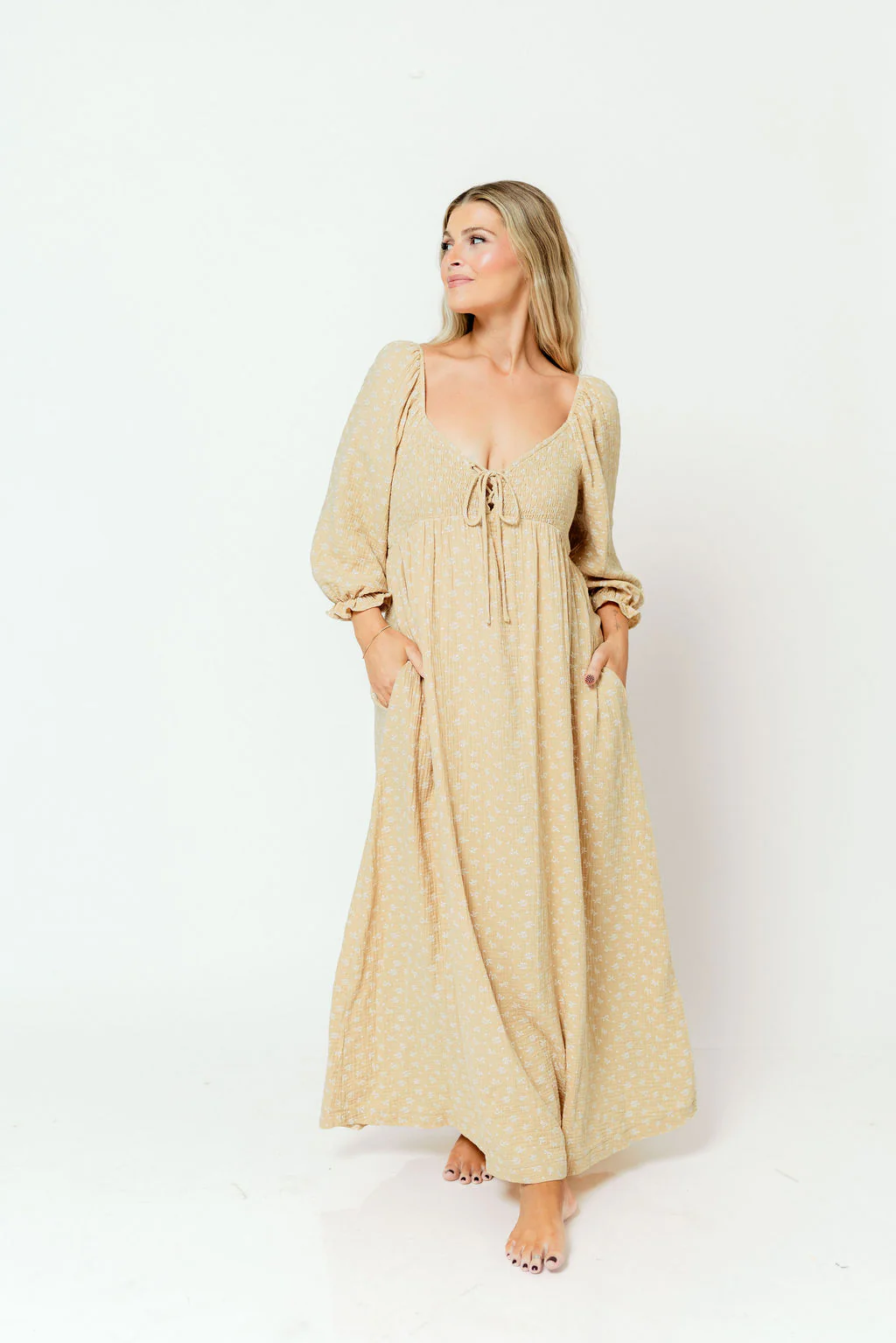Cecilia 100% Cotton Smocked Maxi Dress in Muted Gold Foliage - Bump Friendly - Image 16
