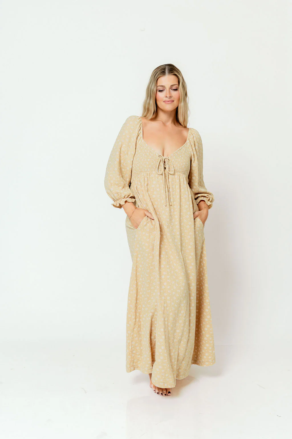 Cecilia 100% Cotton Smocked Maxi Dress in Muted Gold Foliage - Bump Friendly - Image 17