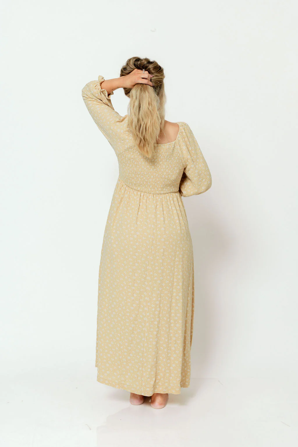Cecilia 100% Cotton Smocked Maxi Dress in Muted Gold Foliage - Bump Friendly - Image 18