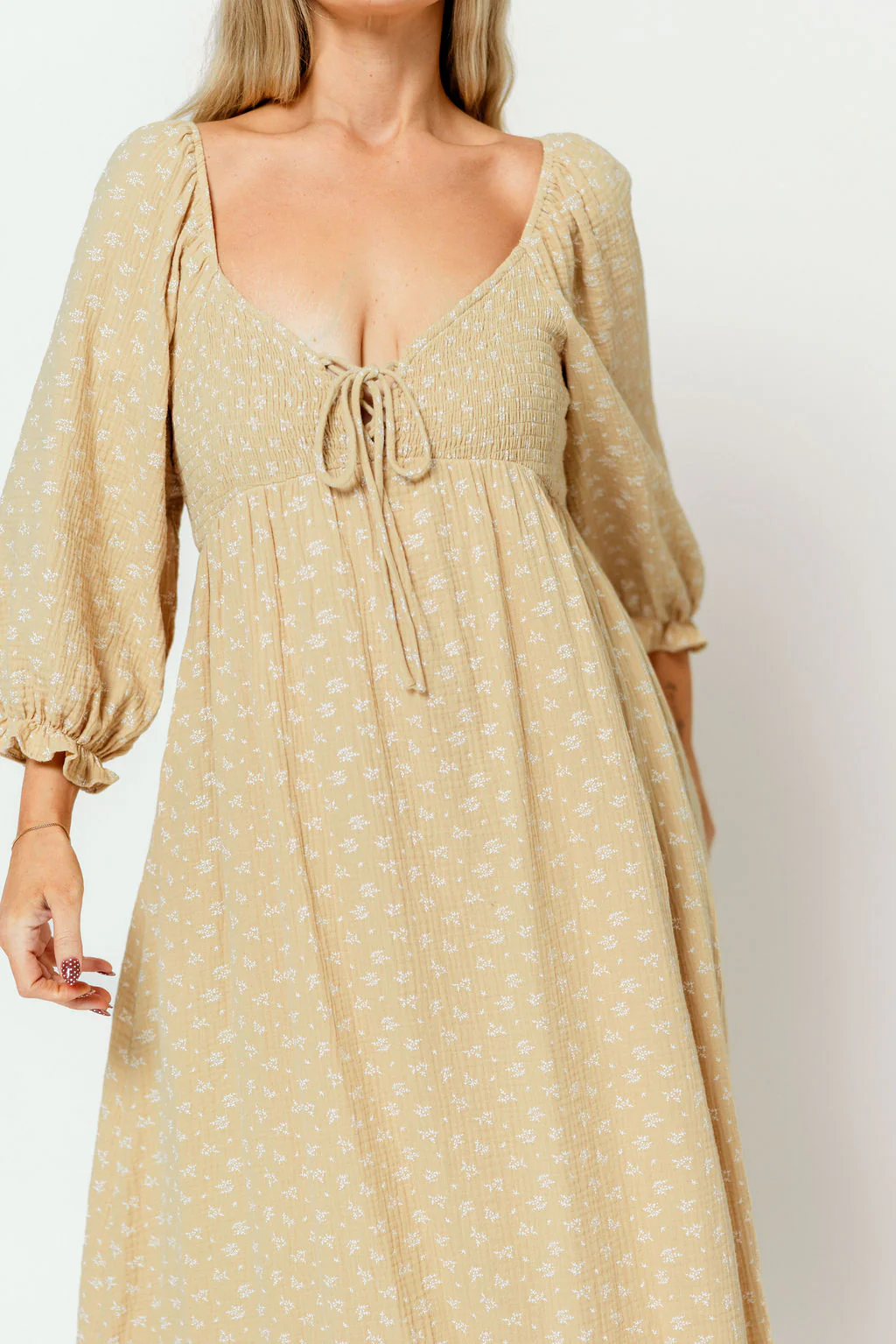 Cecilia 100% Cotton Smocked Maxi Dress in Muted Gold Foliage - Bump Friendly - Image 19
