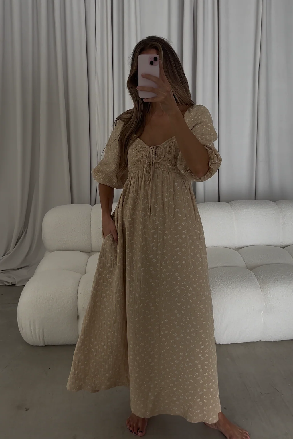 Cecilia 100% Cotton Smocked Maxi Dress in Muted Gold Foliage - Bump Friendly - Image 2