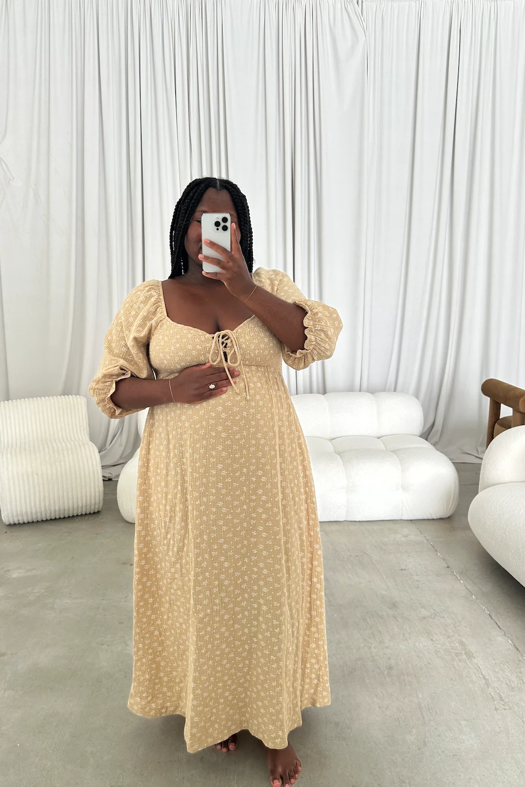 Cecilia 100% Cotton Smocked Maxi Dress in Muted Gold Foliage - Bump Friendly - Image 3