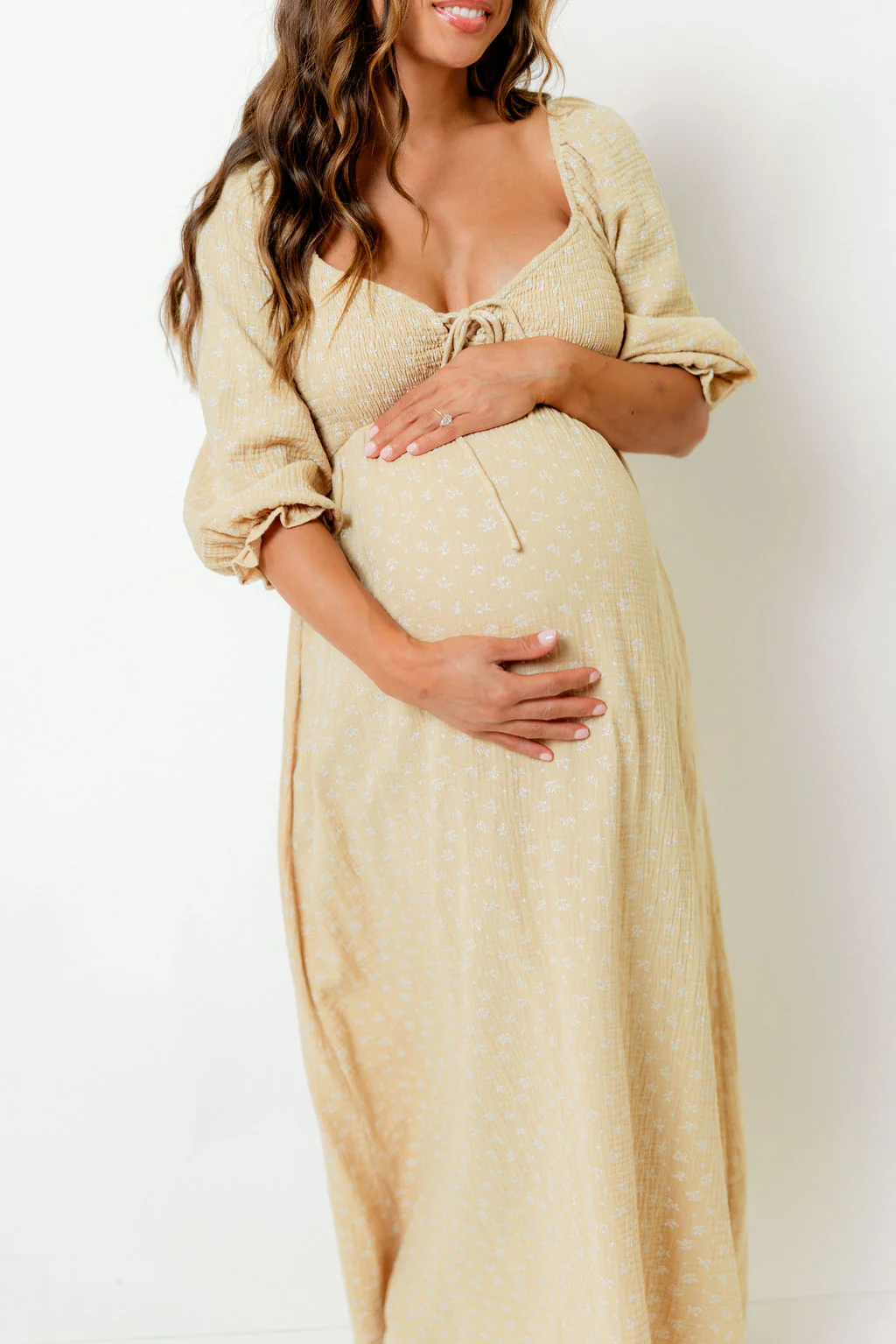 Cecilia 100% Cotton Smocked Maxi Dress in Muted Gold Foliage - Bump Friendly - Image 4