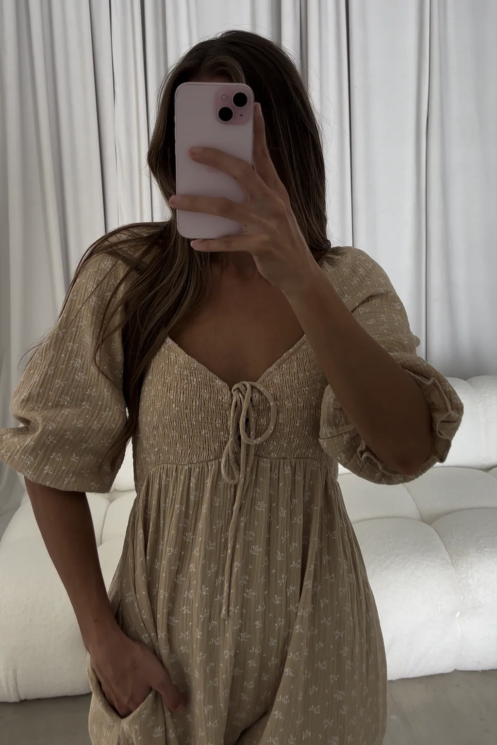 Cecilia 100% Cotton Smocked Maxi Dress in Muted Gold Foliage - Bump Friendly - Image 5