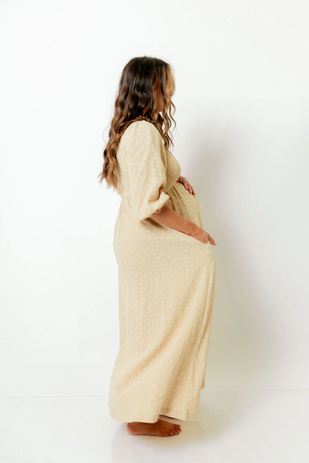 Cecilia 100% Cotton Smocked Maxi Dress in Muted Gold Foliage - Bump Friendly - Image 6