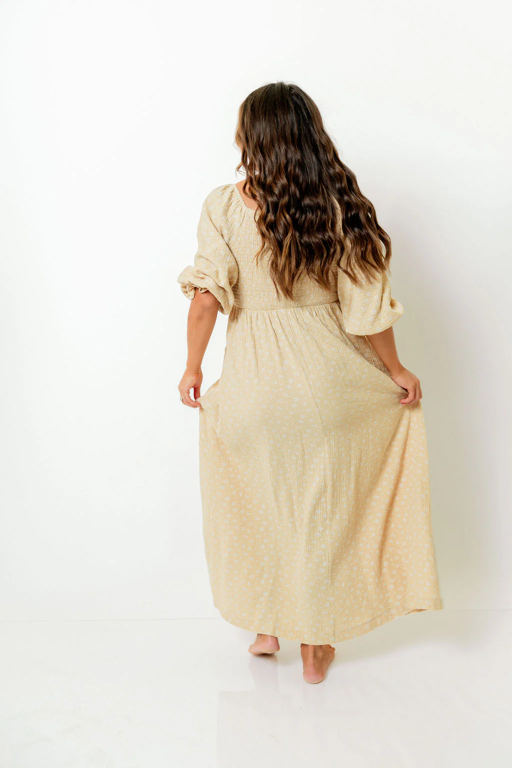 Cecilia 100% Cotton Smocked Maxi Dress in Muted Gold Foliage - Bump Friendly - Image 8