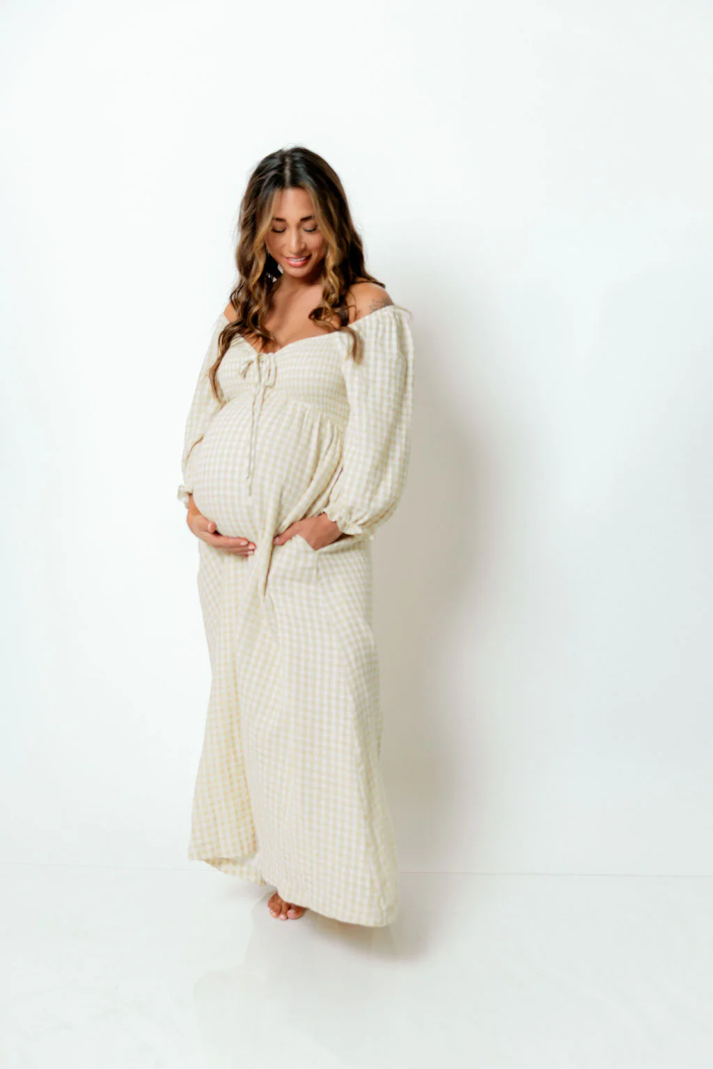Cecilia 100% Cotton Smocked Maxi Dress in Muted Gold Plaid (Lined) - Bump Friendly