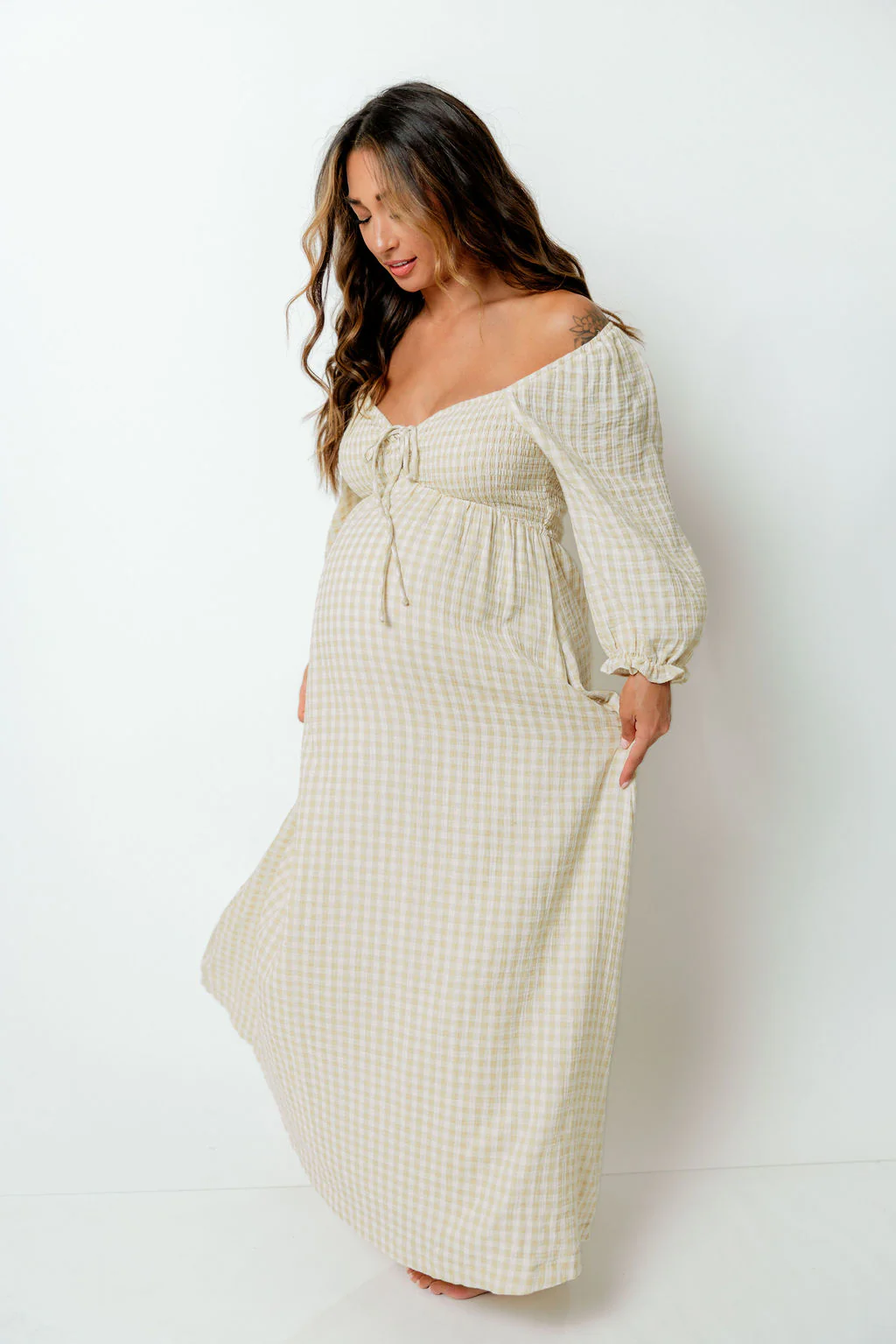 Cecilia 100% Cotton Smocked Maxi Dress in Muted Gold Plaid (Lined) - Bump Friendly - Image 10