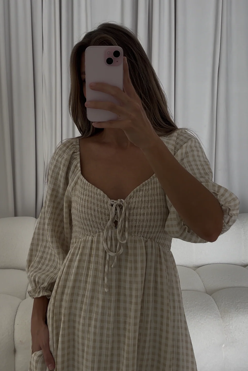 Cecilia 100% Cotton Smocked Maxi Dress in Muted Gold Plaid (Lined) - Bump Friendly - Image 11