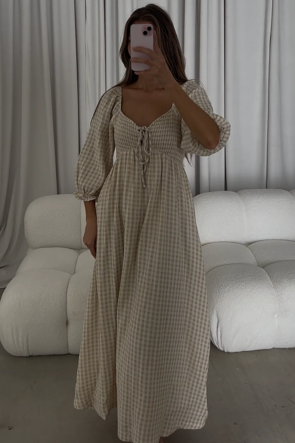 Cecilia 100% Cotton Smocked Maxi Dress in Muted Gold Plaid (Lined) - Bump Friendly - Image 12