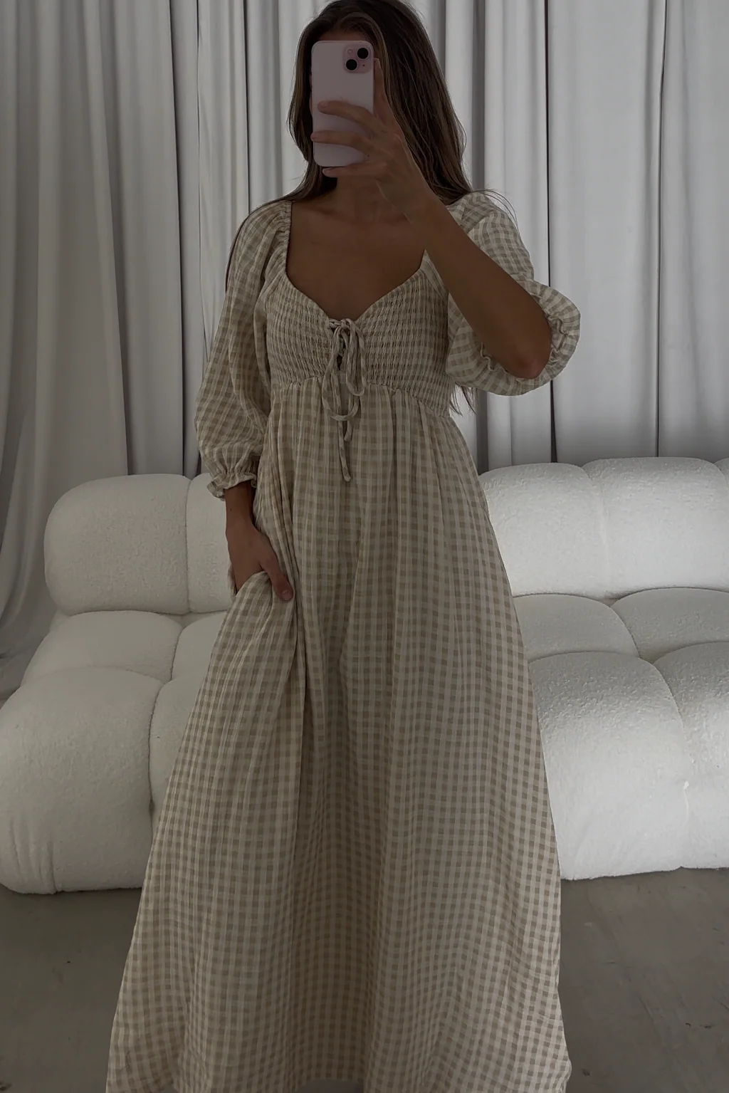 Cecilia 100% Cotton Smocked Maxi Dress in Muted Gold Plaid (Lined) - Bump Friendly - Image 13