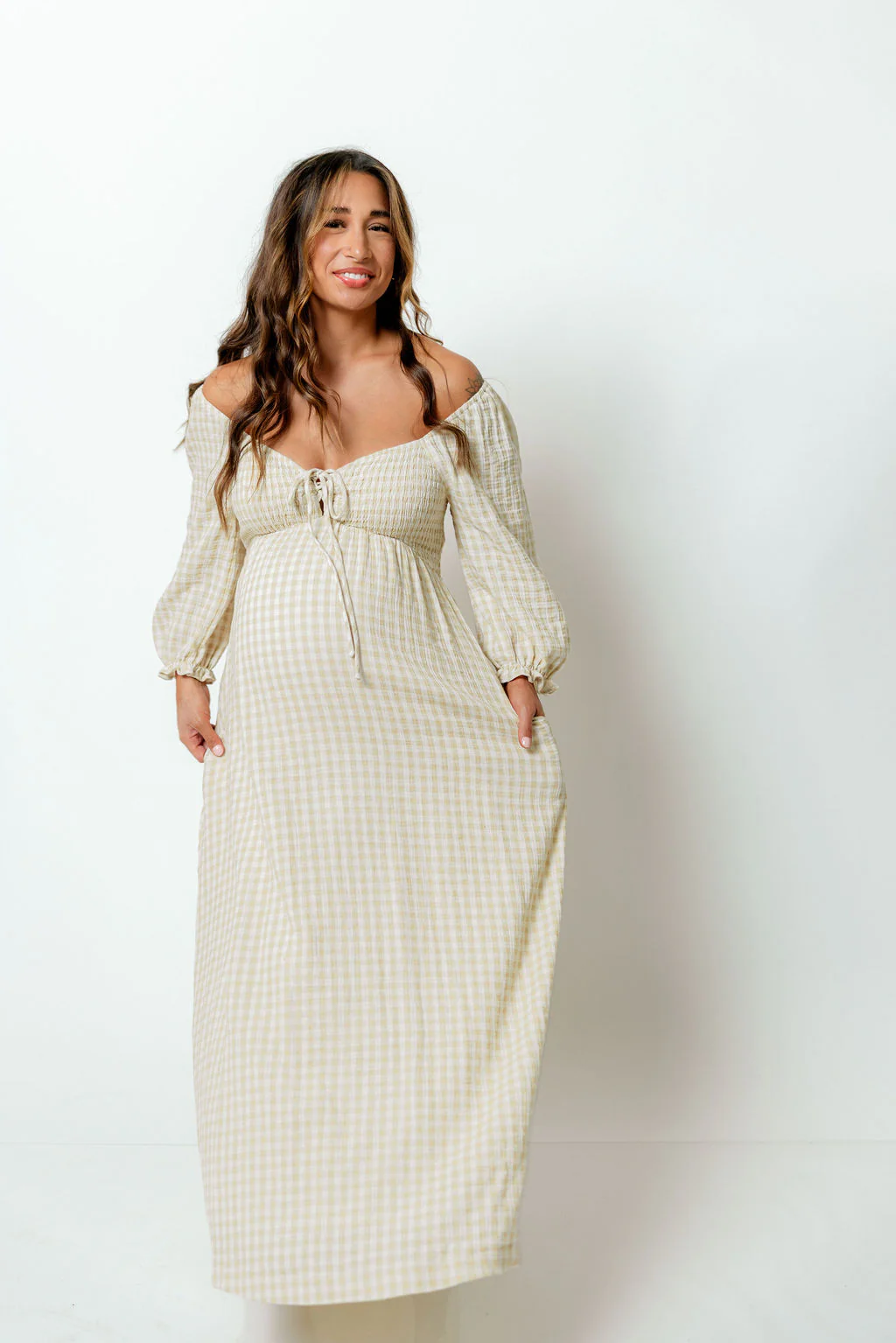 Cecilia 100% Cotton Smocked Maxi Dress in Muted Gold Plaid (Lined) - Bump Friendly - Image 16