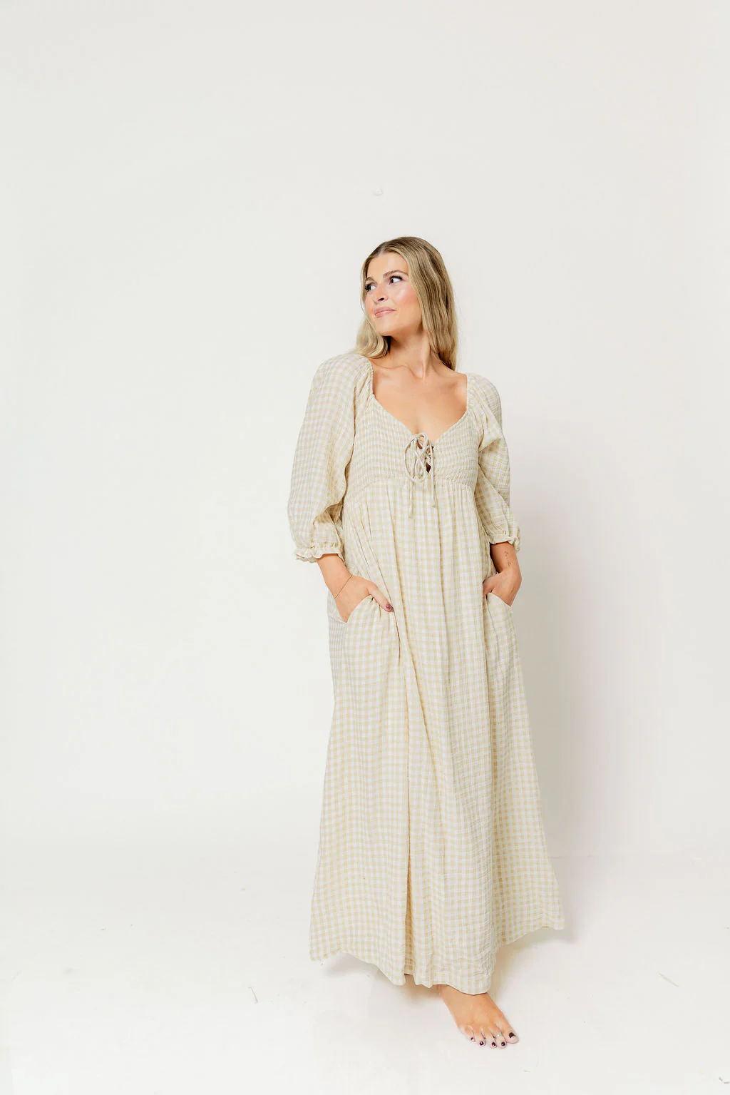 Cecilia 100% Cotton Smocked Maxi Dress in Muted Gold Plaid (Lined) - Bump Friendly - Image 19