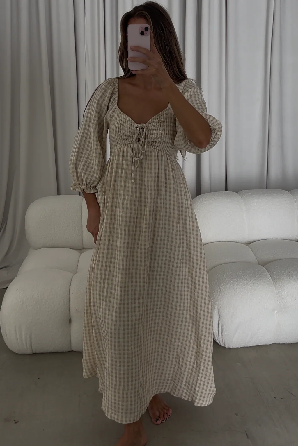 Cecilia 100% Cotton Smocked Maxi Dress in Muted Gold Plaid (Lined) - Bump Friendly - Image 2