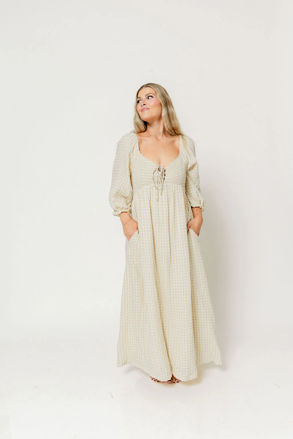 Cecilia 100% Cotton Smocked Maxi Dress in Muted Gold Plaid (Lined) - Bump Friendly - Image 20