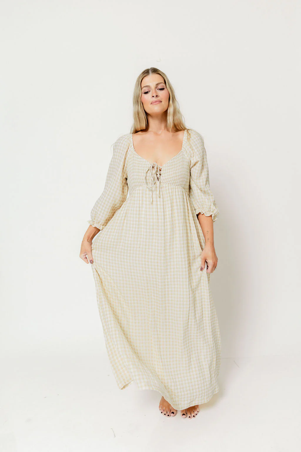 Cecilia 100% Cotton Smocked Maxi Dress in Muted Gold Plaid (Lined) - Bump Friendly - Image 21