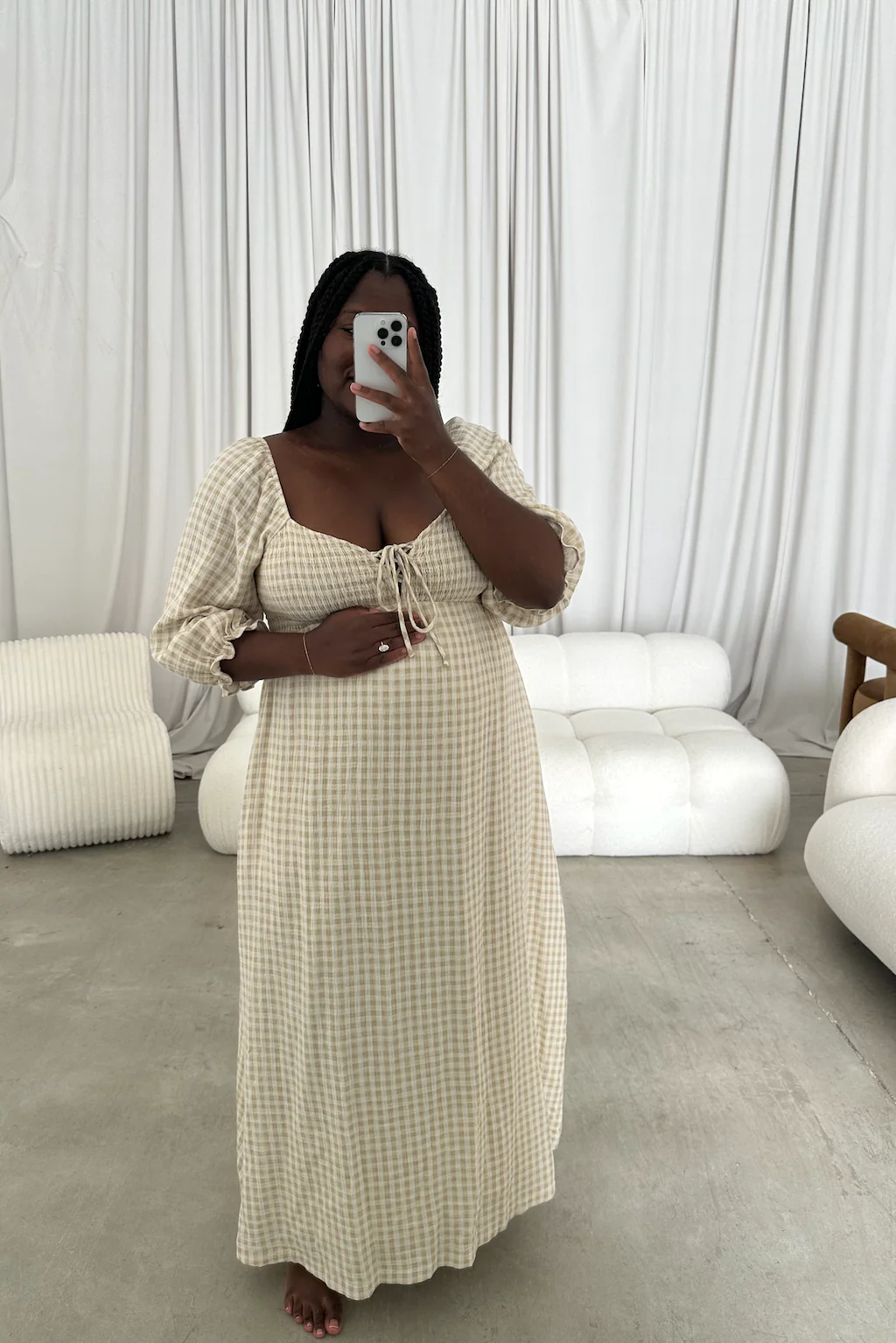 Cecilia 100% Cotton Smocked Maxi Dress in Muted Gold Plaid (Lined) - Bump Friendly - Image 3