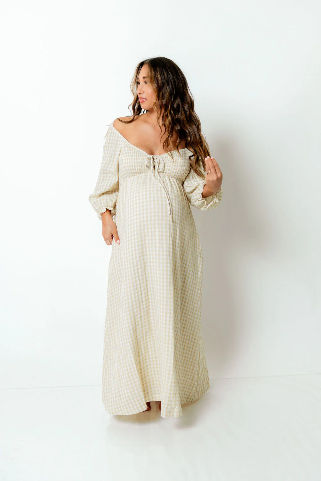 Cecilia 100% Cotton Smocked Maxi Dress in Muted Gold Plaid (Lined) - Bump Friendly - Image 5