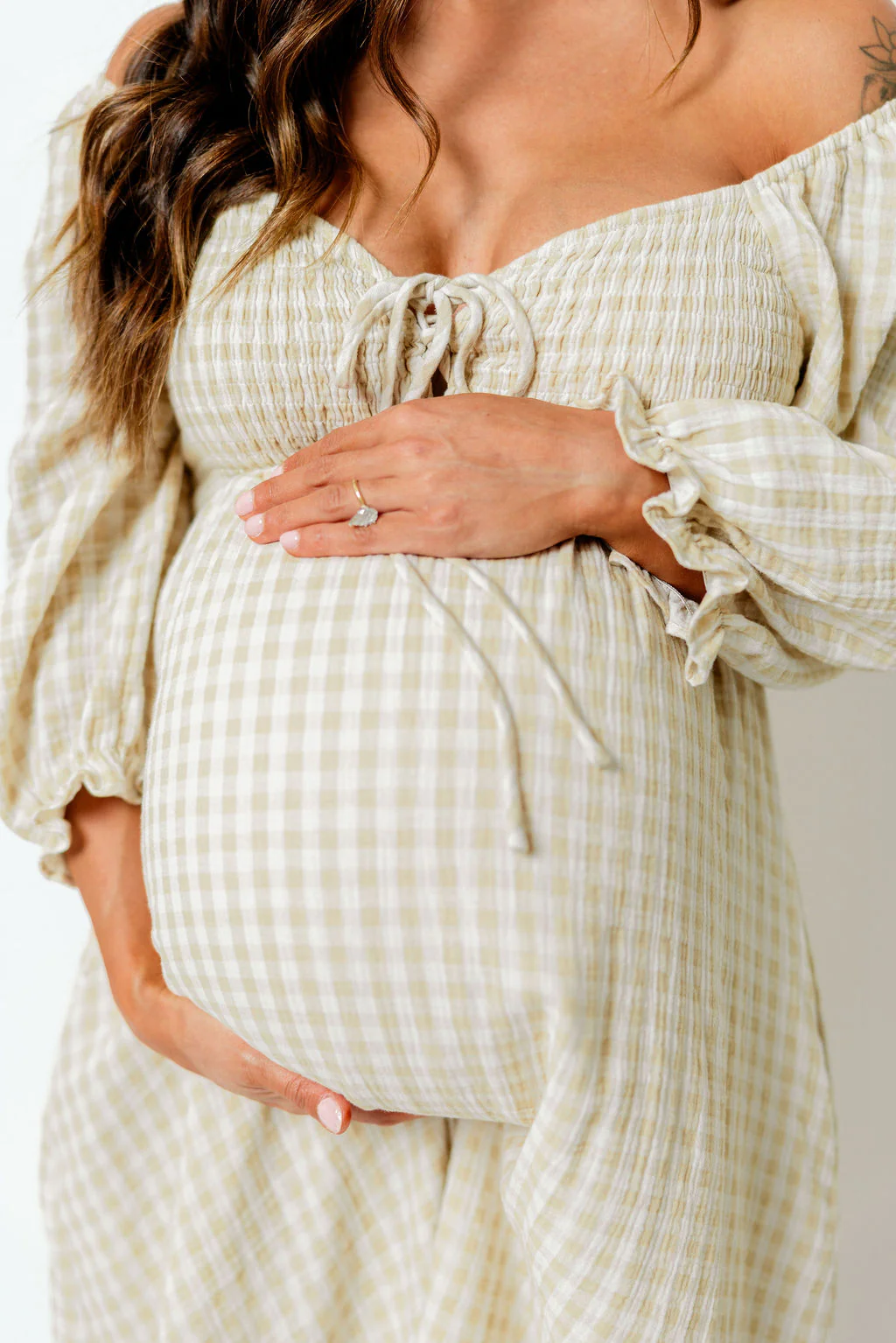Cecilia 100% Cotton Smocked Maxi Dress in Muted Gold Plaid (Lined) - Bump Friendly - Image 6