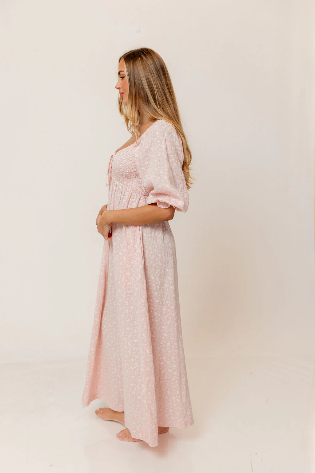 Cecilia 100% Cotton Smocked Maxi Dress in Pale Pink Foliage - Bump Friendly - Image 2