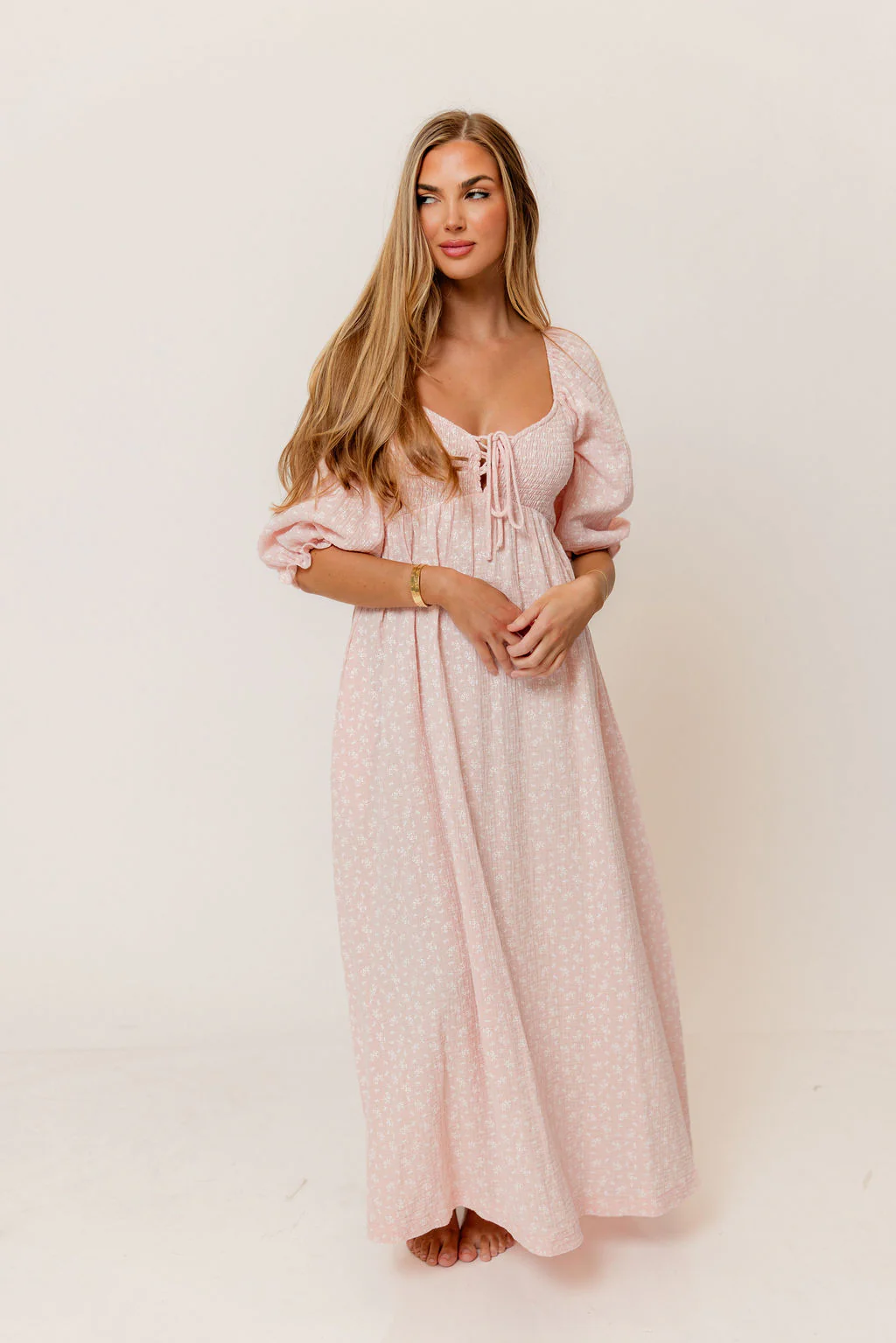 Cecilia 100% Cotton Smocked Maxi Dress in Pale Pink Foliage - Bump Friendly - Image 3