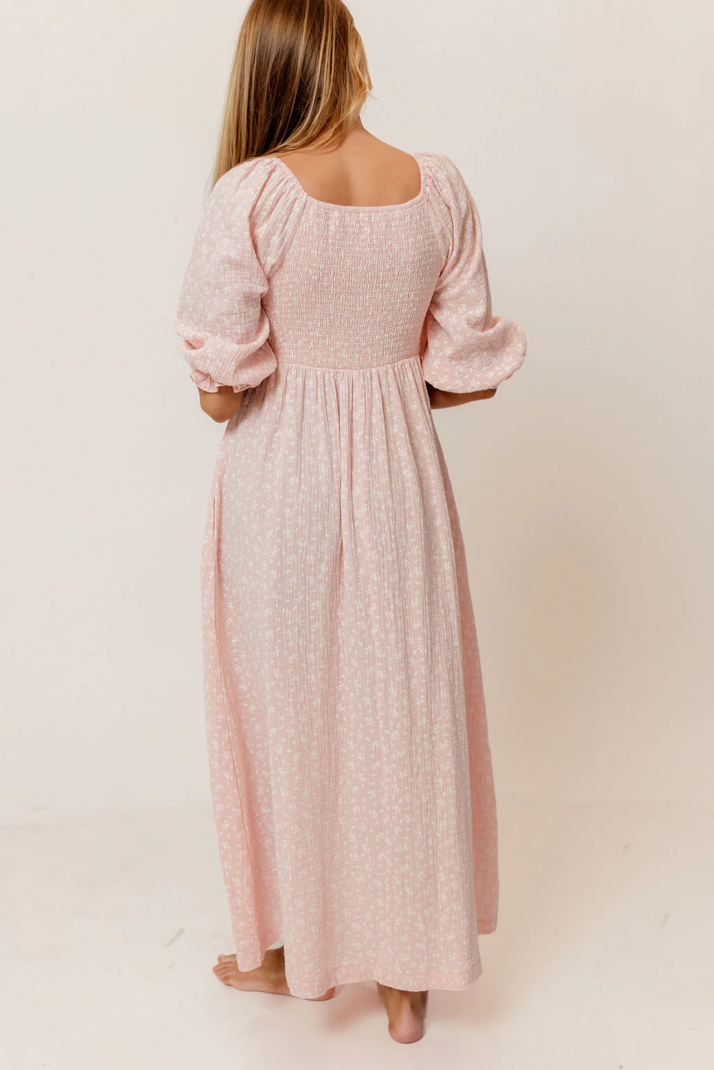 Cecilia 100% Cotton Smocked Maxi Dress in Pale Pink Foliage - Bump Friendly - Image 6