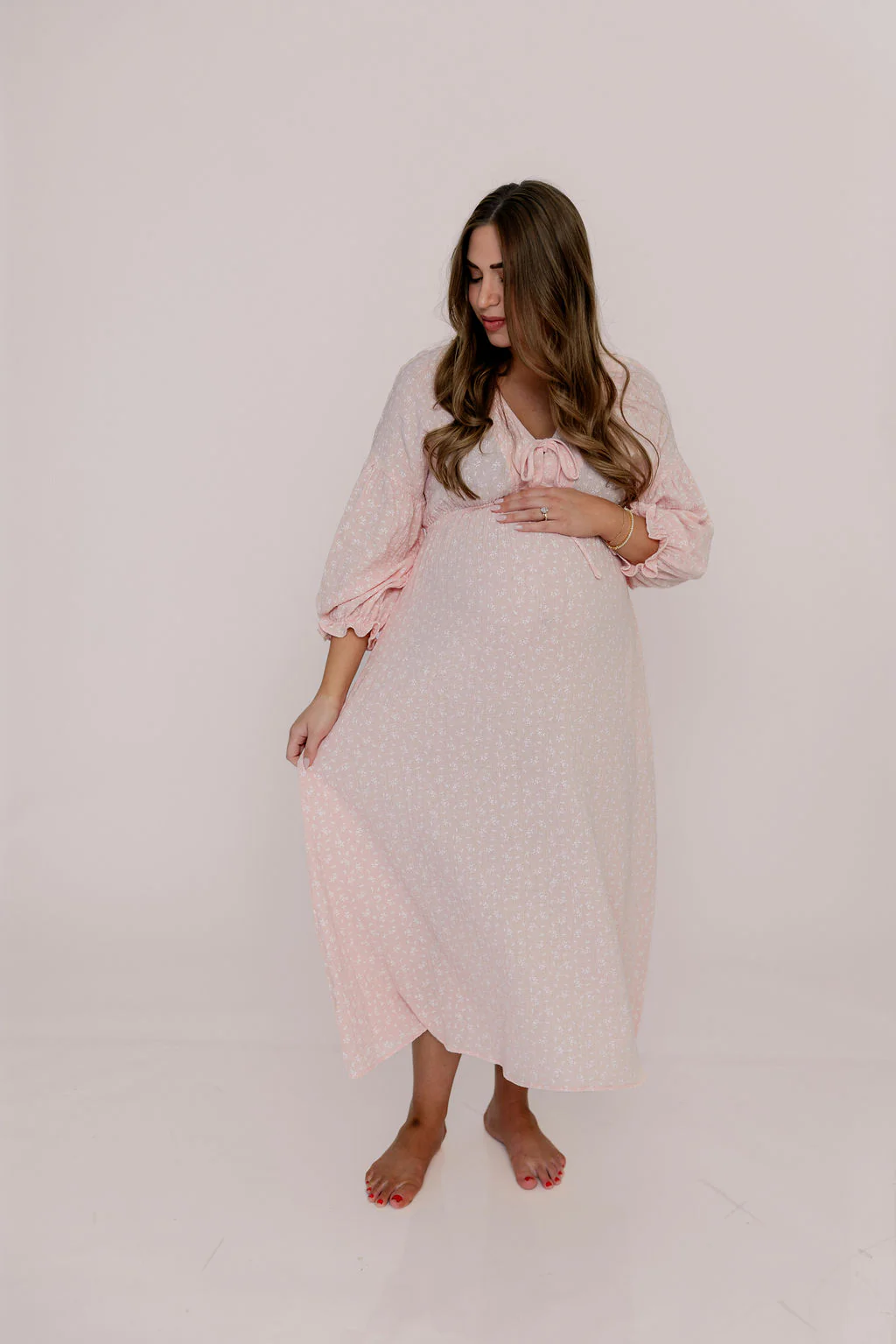 Cecilia 100% Cotton Smocked Maxi Dress in Pale Pink Foliage - Bump Friendly - Image 8