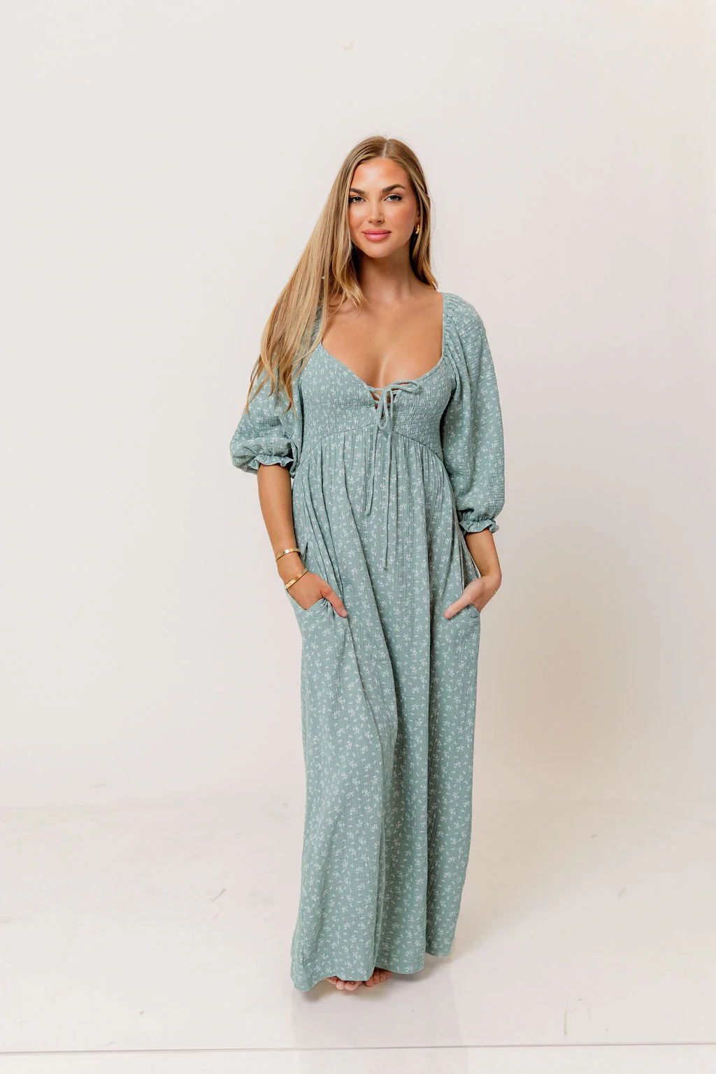 Cecilia 100% Cotton Smocked Maxi Dress in Aqua Foliage - Bump Friendly