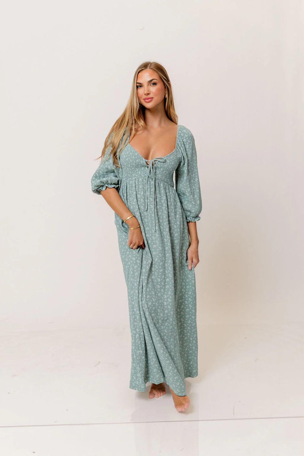 Cecilia 100% Cotton Smocked Maxi Dress in Aqua Foliage - Bump Friendly - Image 4