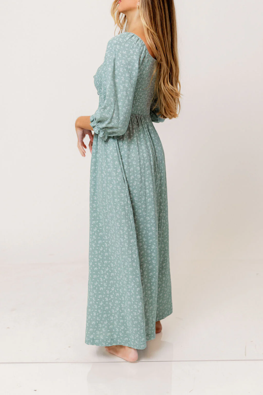 Cecilia 100% Cotton Smocked Maxi Dress in Aqua Foliage - Bump Friendly - Image 7