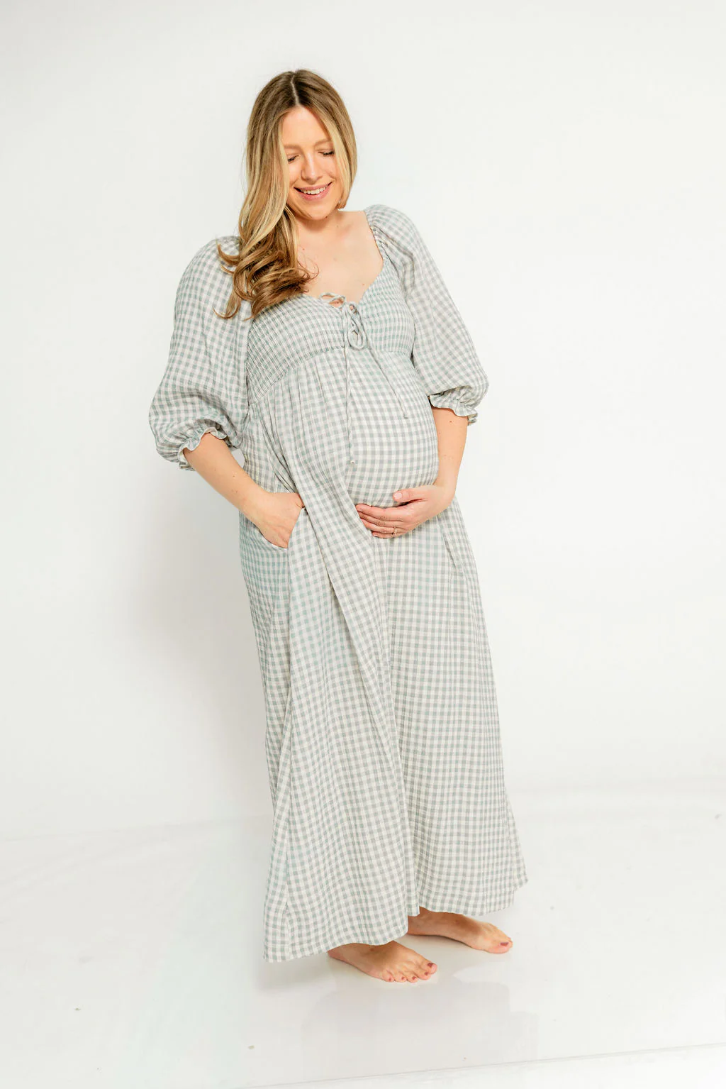 Cecilia 100% Cotton Smocked Maxi Dress in Aqua Plaid (Lined) - Bump Friendly - Image 15