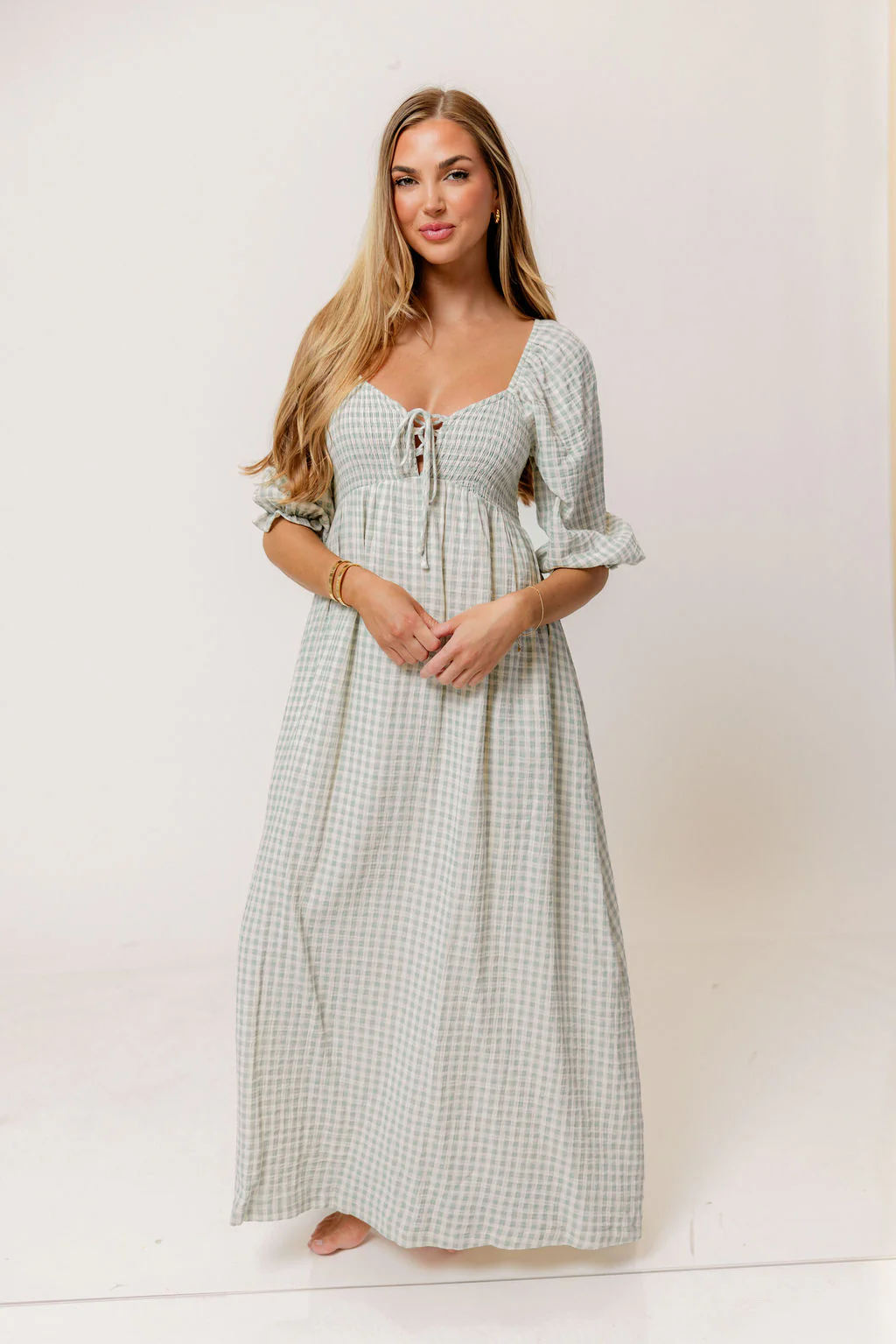 Cecilia 100% Cotton Smocked Maxi Dress in Aqua Plaid (Lined) - Bump Friendly - Image 2